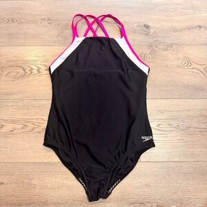Speedo Girls Double‎ Crossback Splice One Piece Swim Suit Black Pink Size 16